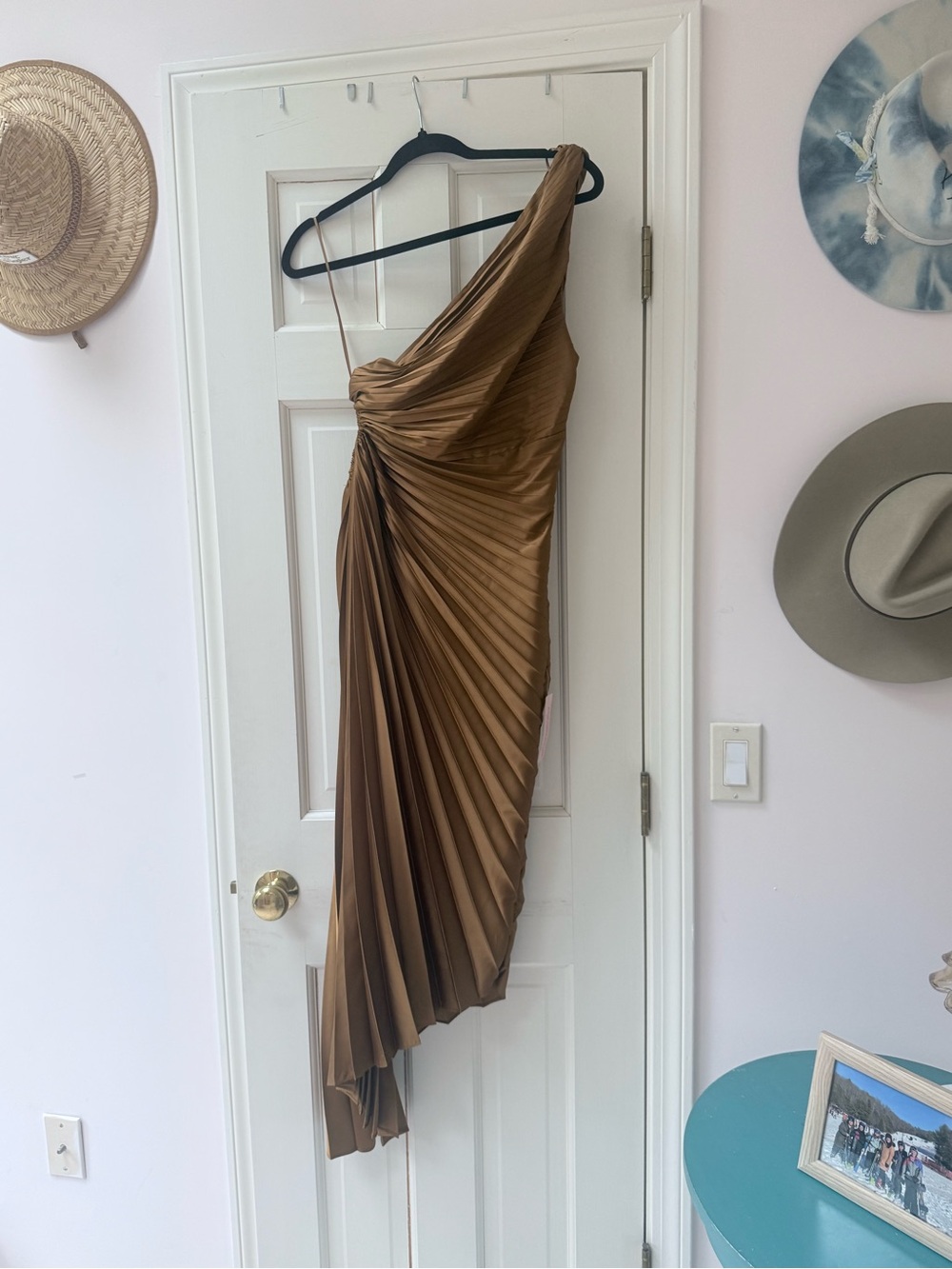 Dress Forum One-Shoulder Pleated Taupe Dress
